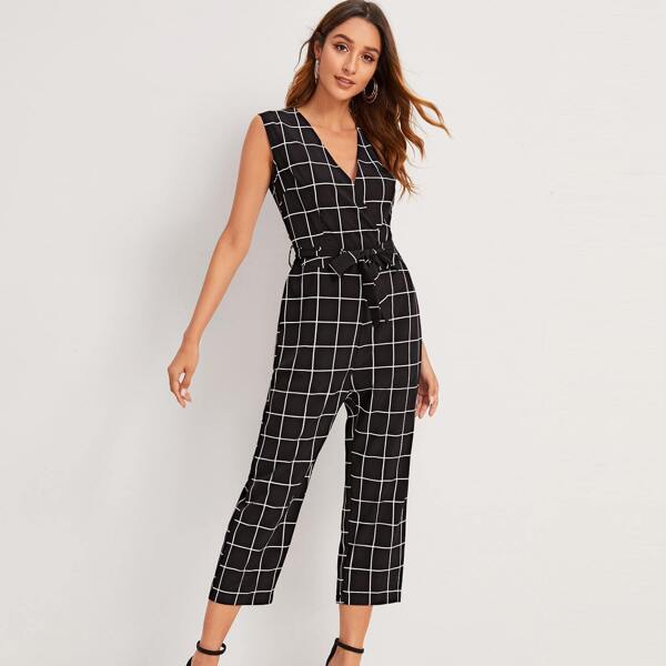 

Self Tie Grid Plaid Tank Jumpsuit, Black