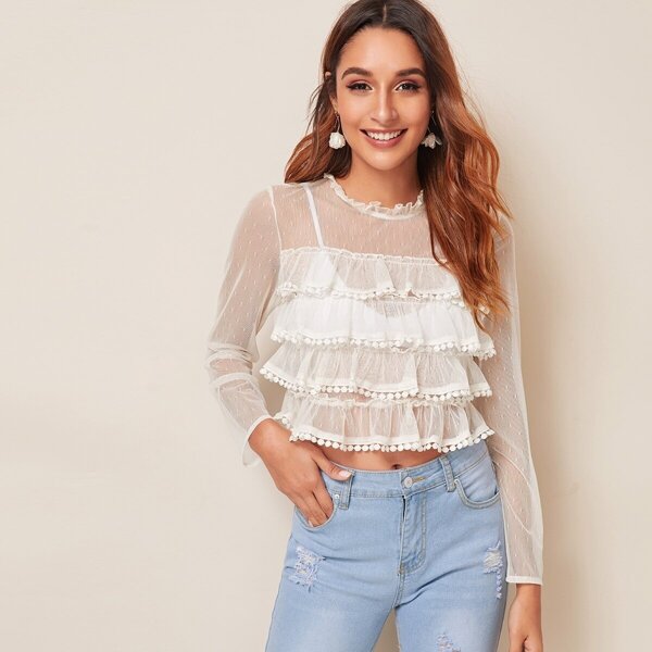 

Layered Ruffle Hem Mesh Blouse