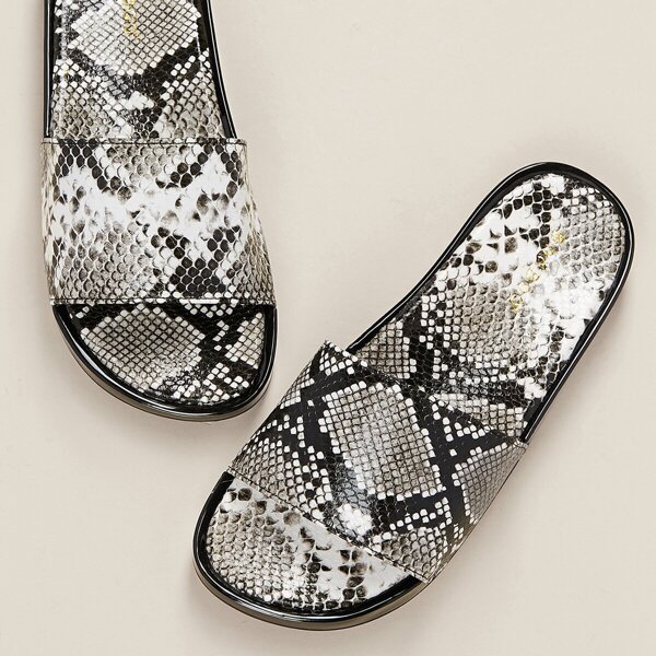 

Open Toe Wide Band Snakeskin Slide Sandals, Multicolor