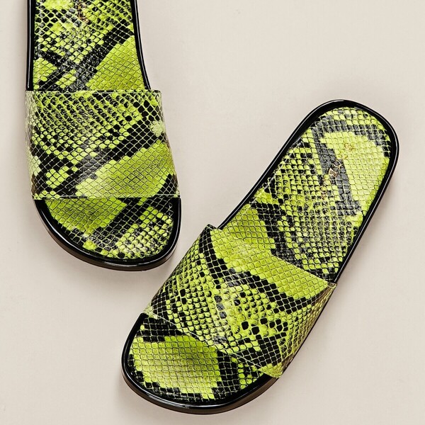 

Open Toe Wide Band Neon Snakes Print Slide Sandals, Multicolor