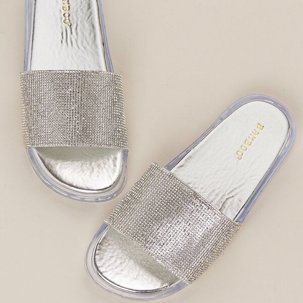 

Diamante Band Open Toe Slide Sandals, Silver