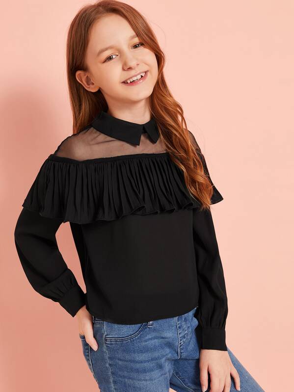 

Girls Mesh Yoke Pleated Ruffle Foldover Solid Top, Black, Sashab