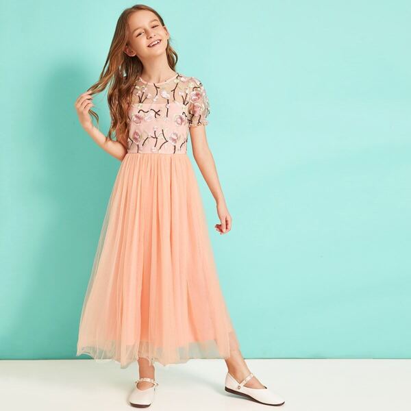 

Girls Embroidered Botanical Mesh Overlay Dress