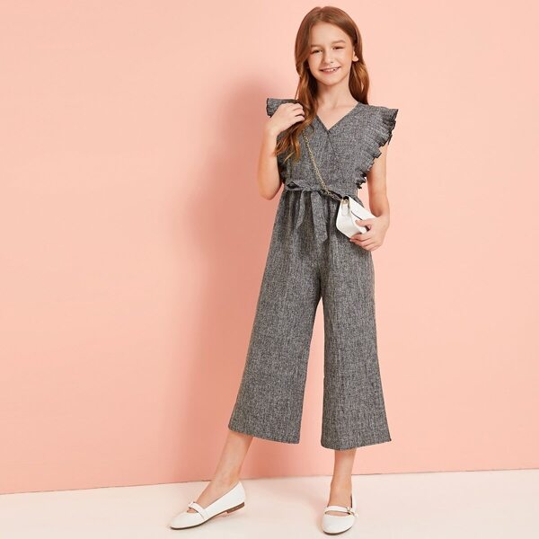 

Girls Surplice Neck Pleated Ruffle Armhole Wide Leg Jumpsuit, Grey