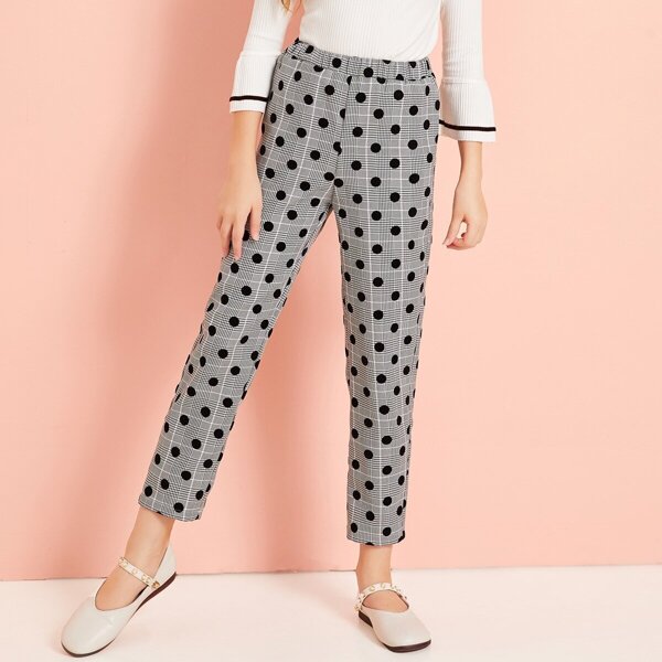 

Girls Elastic Waist Polka Dot and Glen Pants, Grey