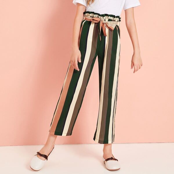

Girls Paperbag Waist Slant Pocket Striped Pants, Multicolor