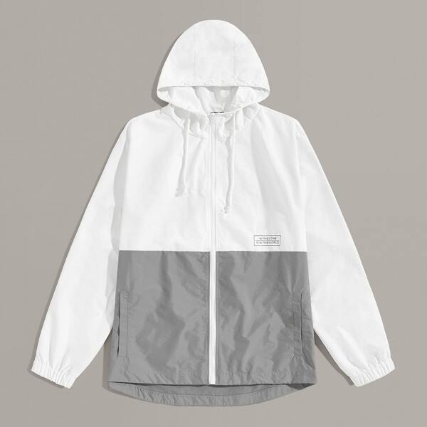 

Men Slogan Graphic Two Tone Windbreaker Hooded Jacket, Multicolor