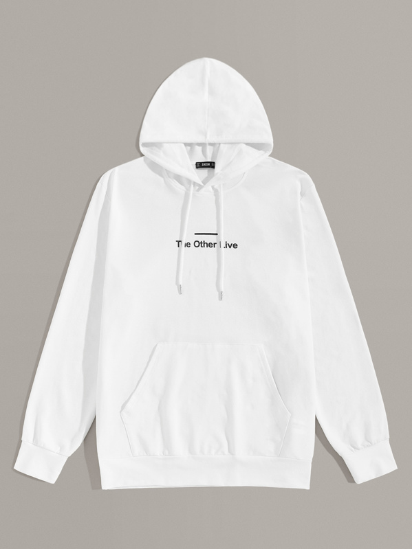 

Men Slogan Graphic Kangaroo Pocket Hoodie, White