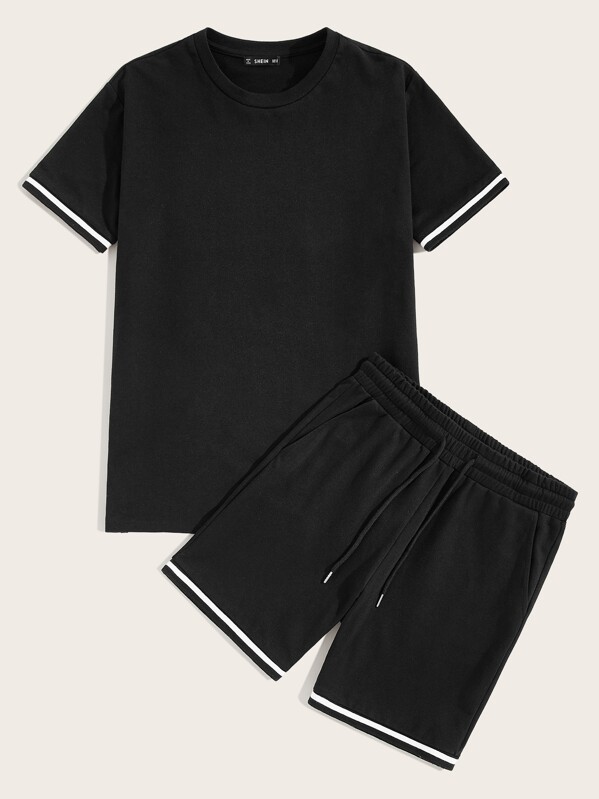 

Men Tape Trim Tee and Drawstring Waist Shorts Set, Black