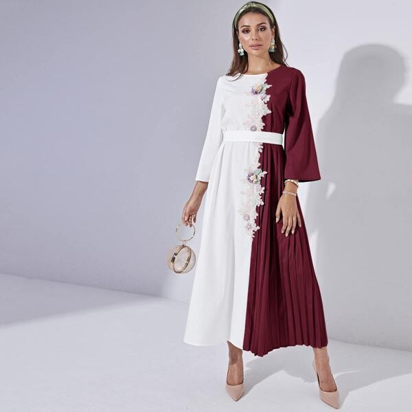

Embroidered Applique Two Tone Pleated Dress, Multicolor