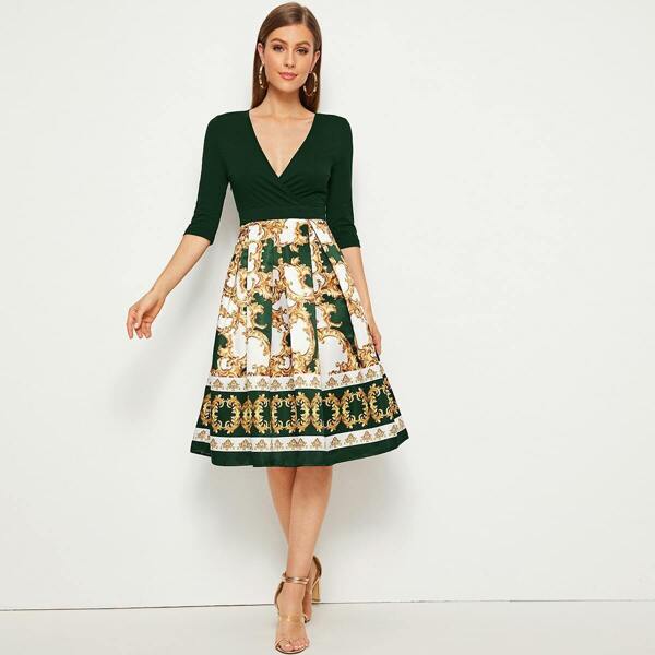 

Plunging Neck Scarf Print Pleated Dress, Multicolor