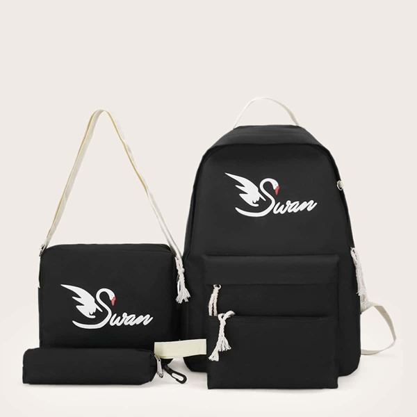 

Swan Print Backpack With Pencil Case 4pcs, Black
