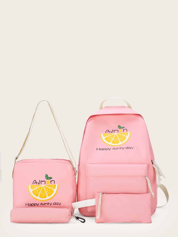 

Fruit Print Backpack With Pencil Case 4pcs, Pink