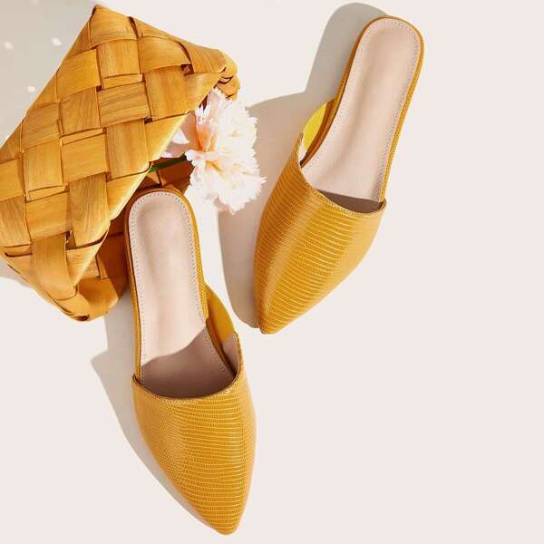 

Point Toe Croc Embossed Flat Mules