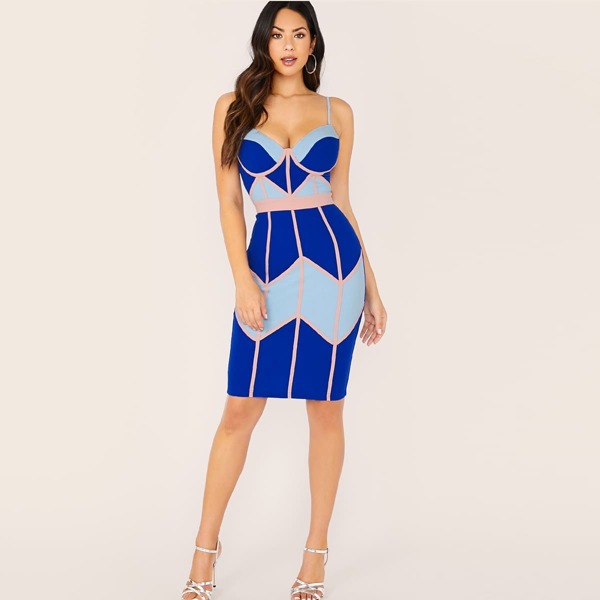 

Colorblock Zip Back Slip Bodycon Dress, Blue