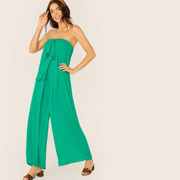 

Solid Tie Front Wide Leg Tube Jumpsuit, Green bright