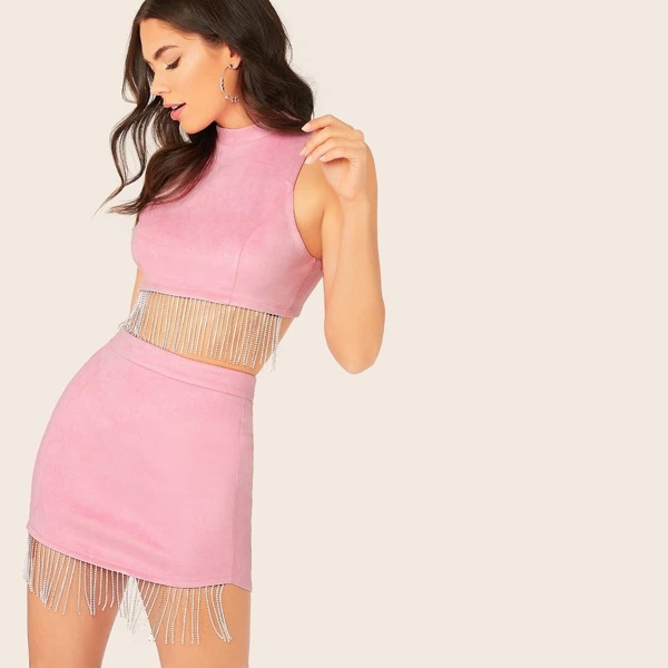 

Rhinestone Fringe Hem Suede Top & Zipper Fly Skirt Set, Pink pastel