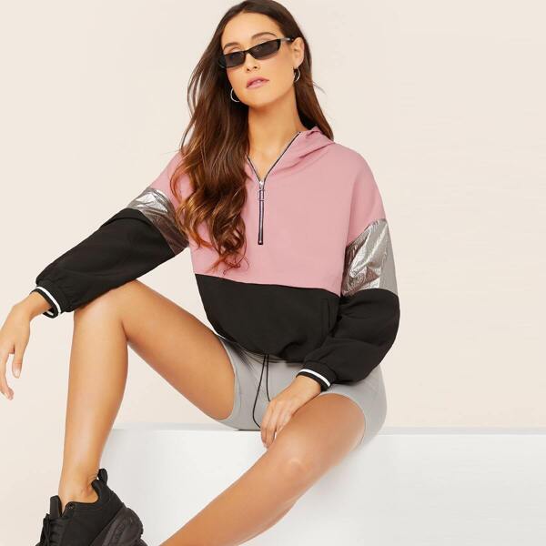 

Colorblock Metallic Detail Quarter Zip Hoodie, Multicolor