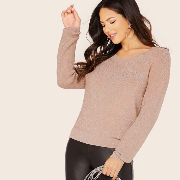 

Metallic Shimmer Knit V-Neck Pullover Sweater, Pink