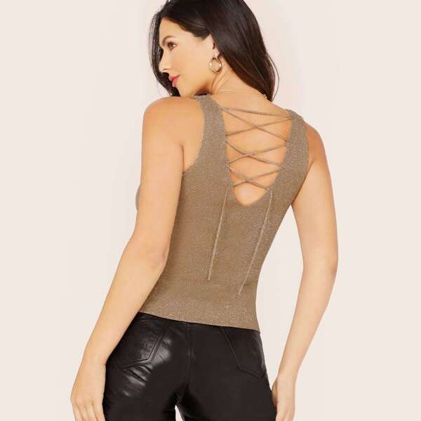 

Metallic Shimmer Knit Lace Up Back Tank Top, Camel