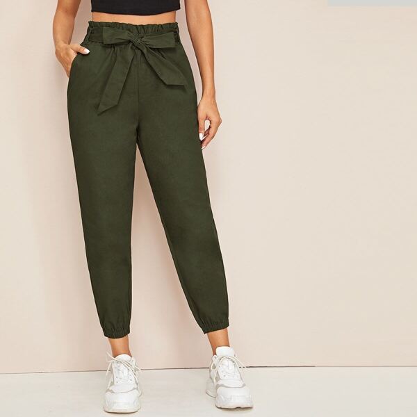 

Paperbag Waist Belted Crop Pants, Army green