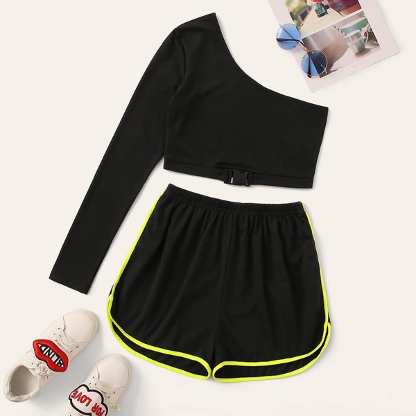 

One Shoulder Buckle Front Top & Dolphin Shorts