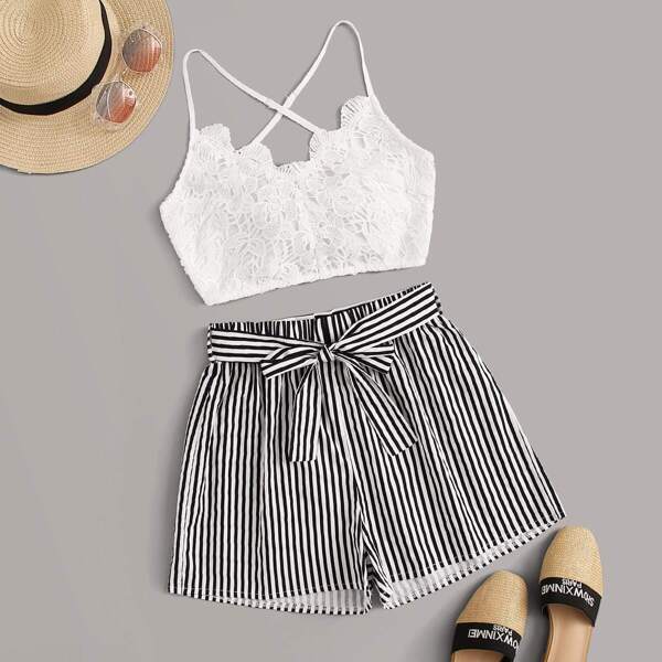 

Tie Back Guipure Lace Cami Top & Stripe Shorts