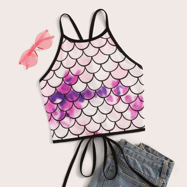 

Criss-cross Tie Back Fish Scale Print Cami Top