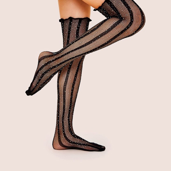 

Rhinestone Decor Knee Length Socks 1pair