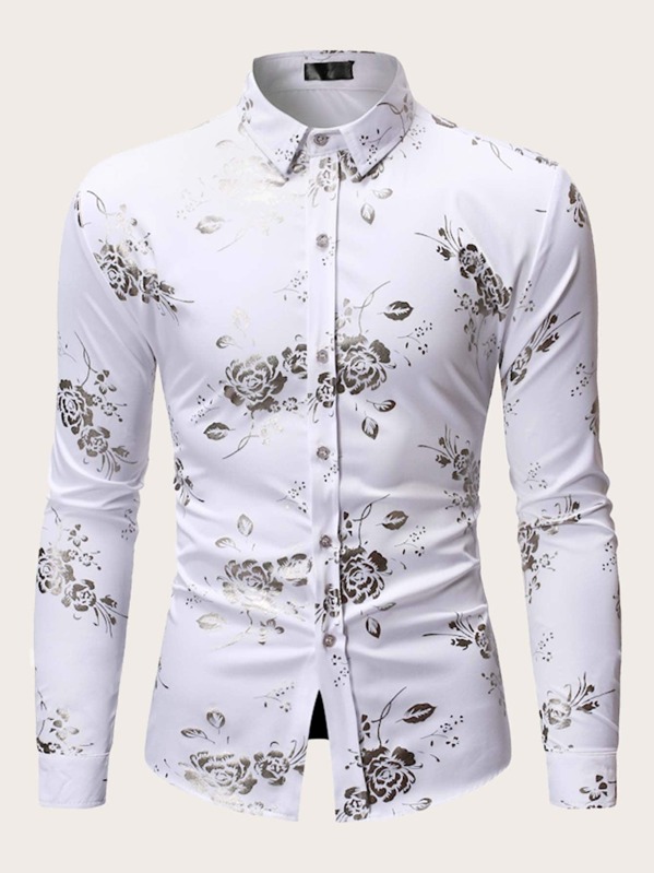 

Men Single Breasted Floral Print Shirt, White, Roni Maion