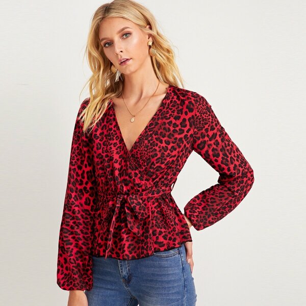 

Surplice Neck Leopard Print Belted Blouse