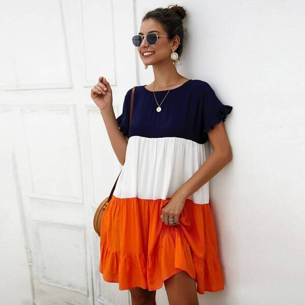 

Color Block Frill Ruffle Hem Dress, Multicolor