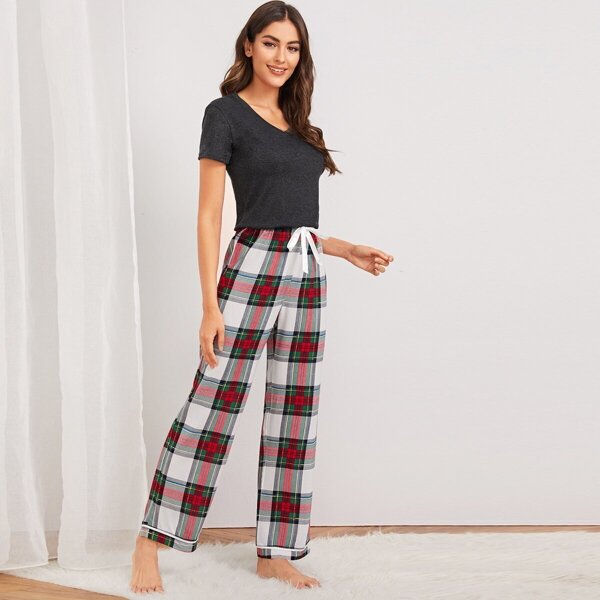 

V-neck Top With Tartan Pants PJ Set