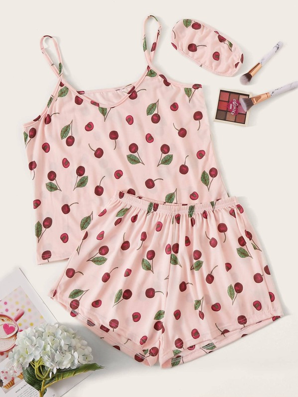 

Cherry Print Cami Pajama Set With Eye Mask, Pink