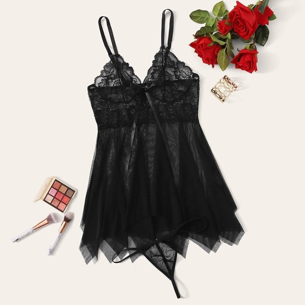 

Floral Lace Asymmetrical Hem Slips With Thong, Black