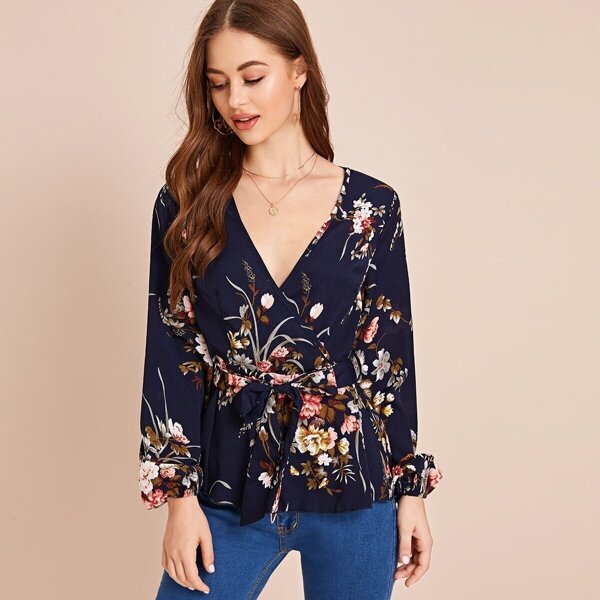 

Floral Print Belted Peplum Top