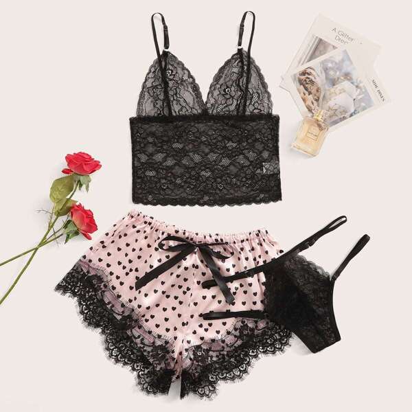 

Floral Lace Bralette With Heart Shorts & Thong