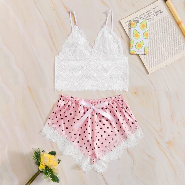 Floral Lace Bralette With Polka Dot Shorts