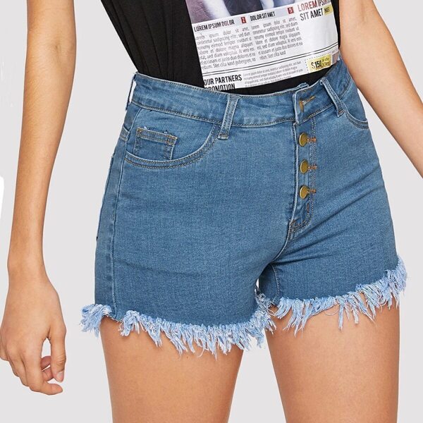 

Raw Hem Button Fly Denim Shorts, Blue