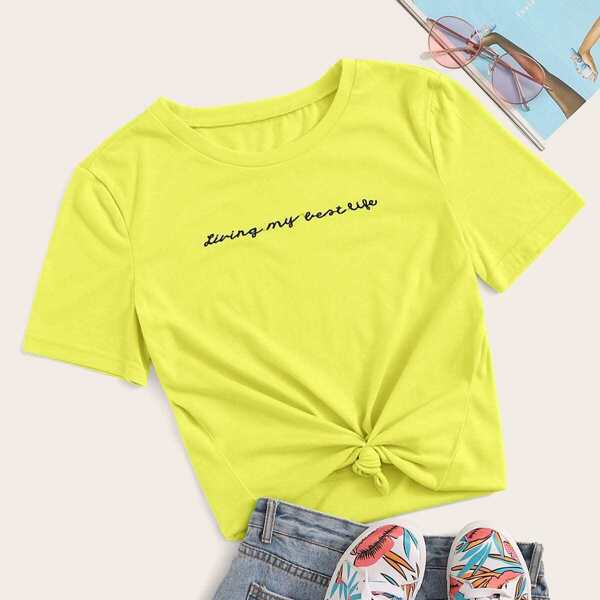 

Neon Yellow Slogan Embroidered Tee