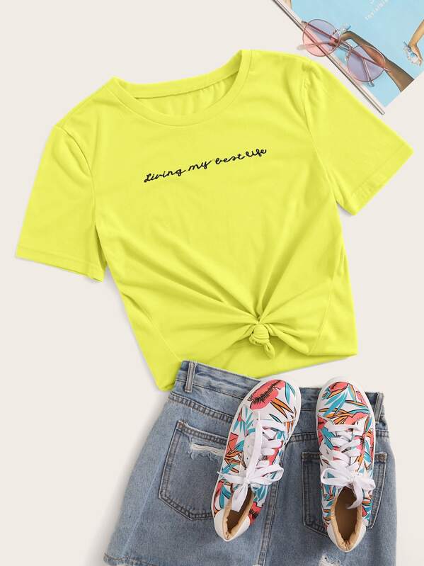 

Neon Yellow Slogan Embroidered Tee