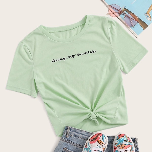 

Slogan Embroidered Tee, Green pastel