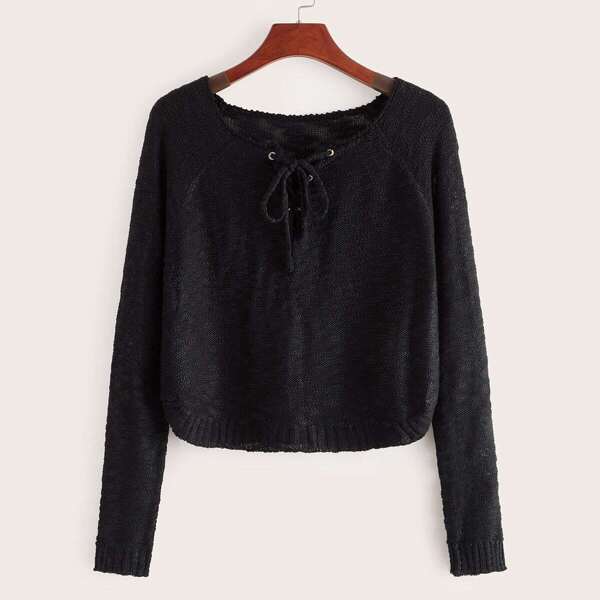 

Solid Lace Up Raglan Sleeve Knit Top