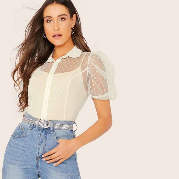 

Button Front Dobby Mesh Blouse Without Lining