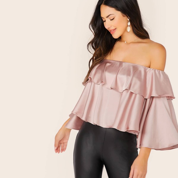 

Ruffle Trim Flounce Sleeve Bardot Satin Top