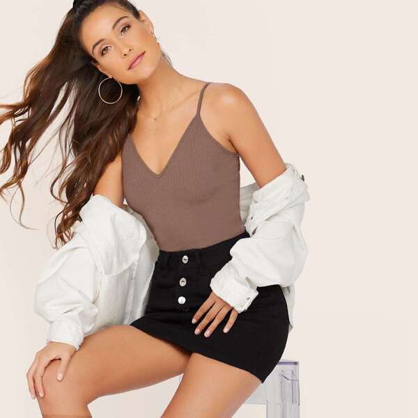 

Knit Solid Fitted Cami Top, Khaki