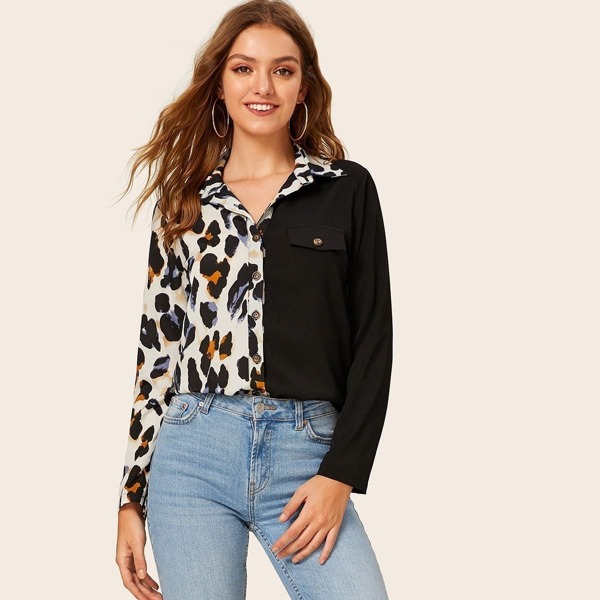 

Contrast Leopard Print Blouse, Multicolor