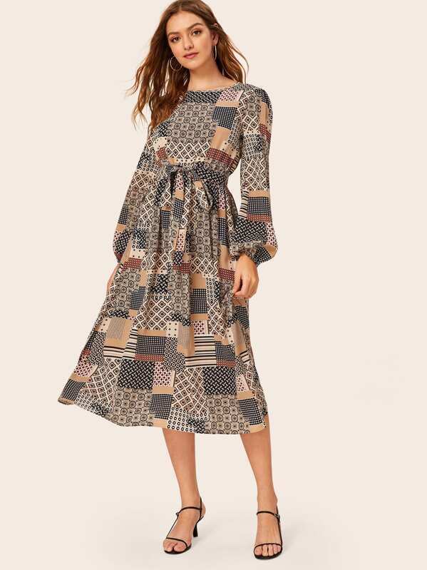 

Scarf Print Patchwork Belted Dress, Multicolor, Luiza