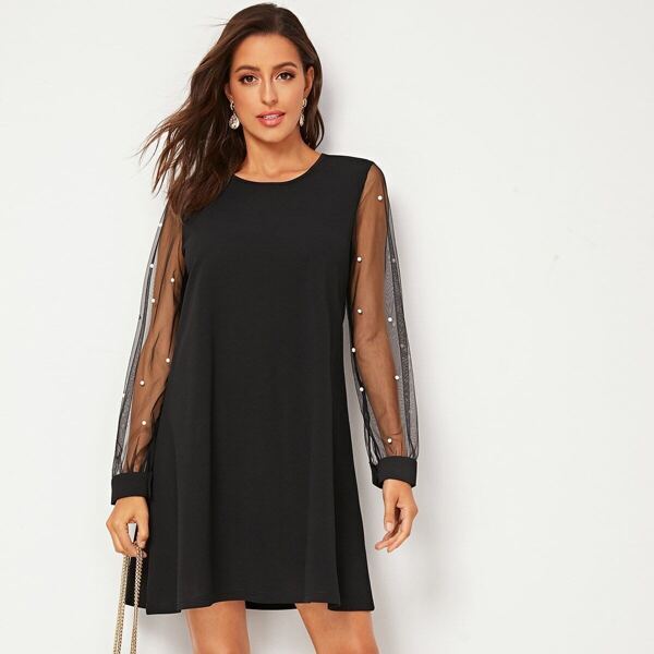 

Contrast Mesh Beaded Detail Tunic Dress