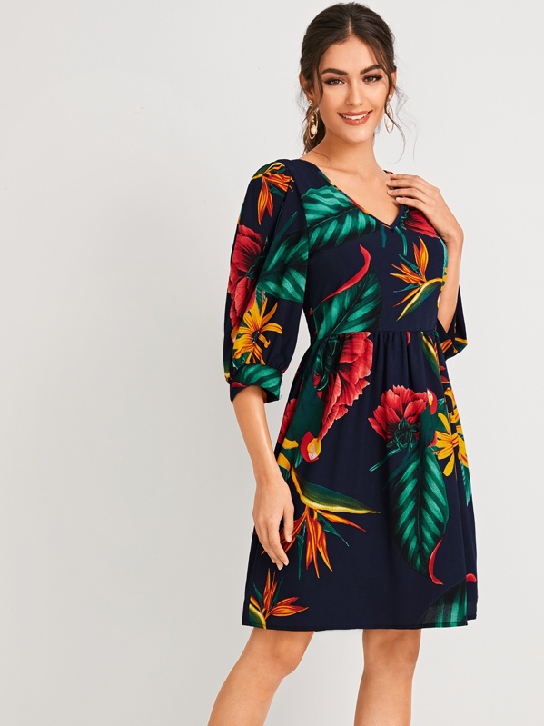 

Tropical Print V-neck Knot Back Dress, Navy, Carol A
